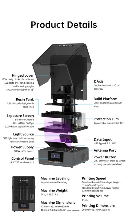 ANYCUBIC Photon Mono M7 Max 3D Printer — Ultra-Large 14.7L LCD Resin Printer with 298x168x300mm Build Volume