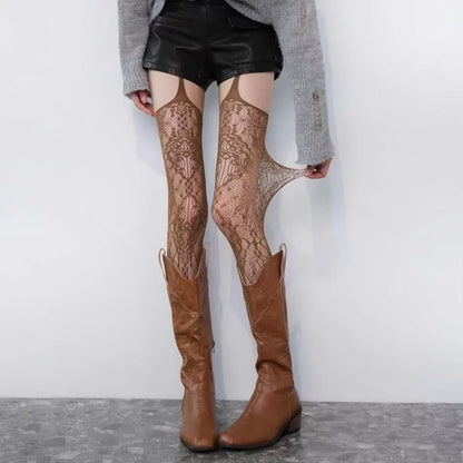 Lolita Floral Thigh High Tights - Colorful Sheer Fishnet Suspender Stockings for Girls & Women