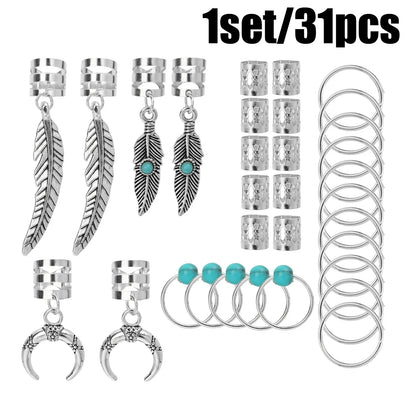 31PCS Turquoise Hollow-Out Hair Rings — Dreadlock & Braid Beads, Hair Braid Tubes Charm Jewelry for Styling