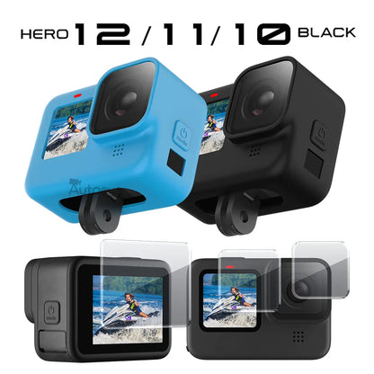 Protective Silicone Case for GoPro Hero 12/11/10/9 Black – Tempered Glass Screen Protector & Lens Cap Cover Accessory