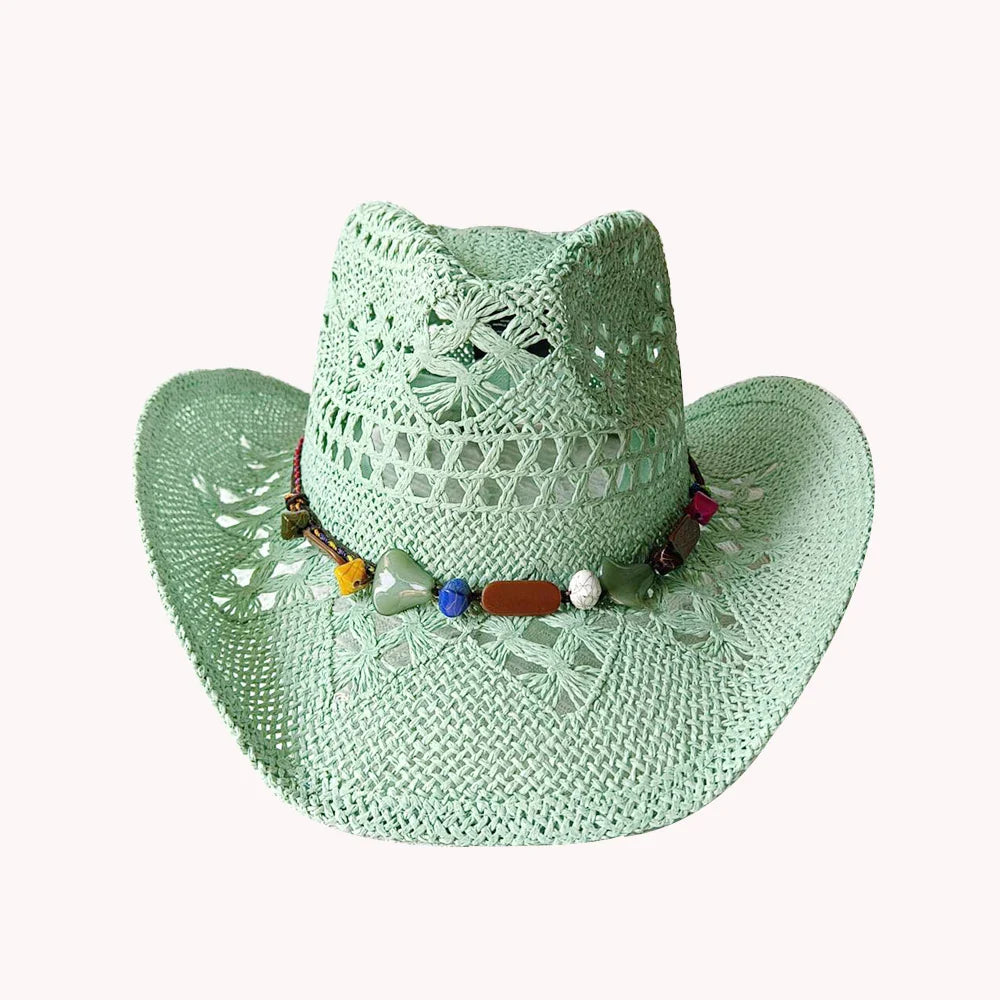 Melesh Western Women's Mint Green Cowboy Hat – Straw, Wide Brim, Plasticity Strong for Sunshine & Beach Wear