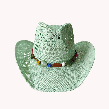 Melesh Western Women's Mint Green Cowboy Hat – Straw, Wide Brim, Plasticity Strong for Sunshine & Beach Wear