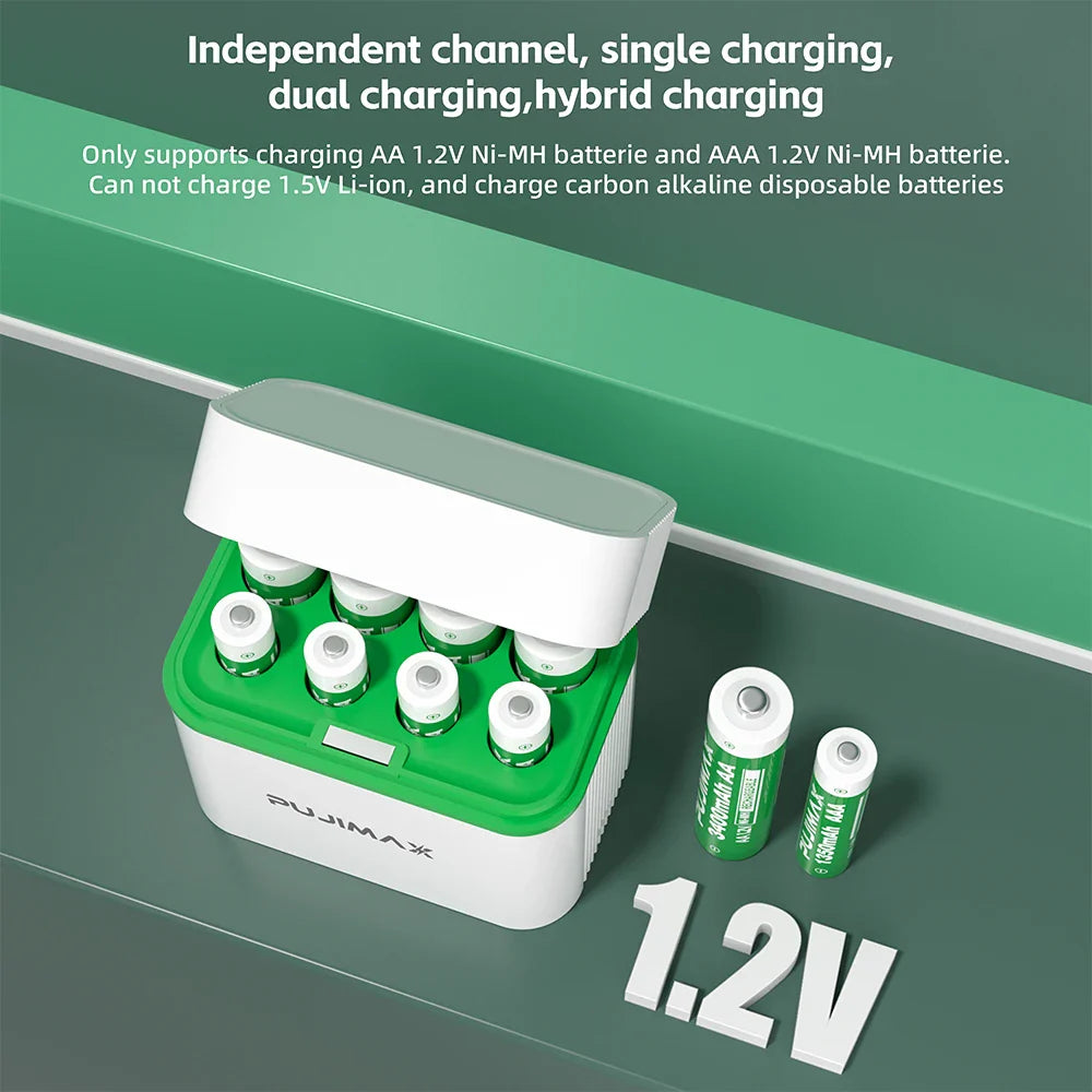 PUJIMAX LED Display 8-Slot Battery Charger – AA/AAA NiMH/NiCd 1.2V Rechargeable Battery Charger with Indicator