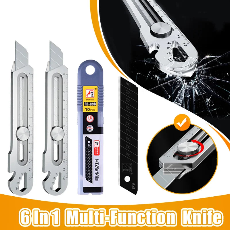 6-in-1 Stainless Steel Utility Knife: Multi-Function Design with Tail Break, Ruler, Bottle Opener, and Retractable Box Cutter - Essential Art Supplies