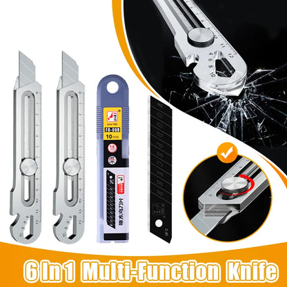 6-in-1 Stainless Steel Utility Knife: Multi-Function Design with Tail Break, Ruler, Bottle Opener, and Retractable Box Cutter - Essential Art Supplies