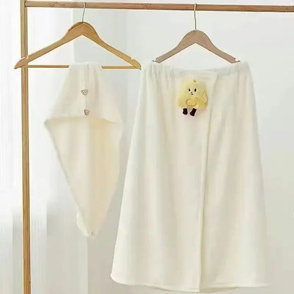 Cute Cartoon Wearable Bath Towel – Large Absorbent Quick-Dry Skirt Wrap for Women
