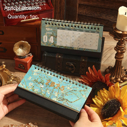 2025 Vintage Painting Desk Calendar – Flip Monthly Schedule with Memo Notes | Tabletop Calendar for Home & Office