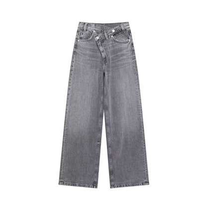 TRAF Women’s Basic Hundred Jeans — High Waist Asymmetric Wide-Leg Trousers, Casual Straight-Leg Fashion Jeans