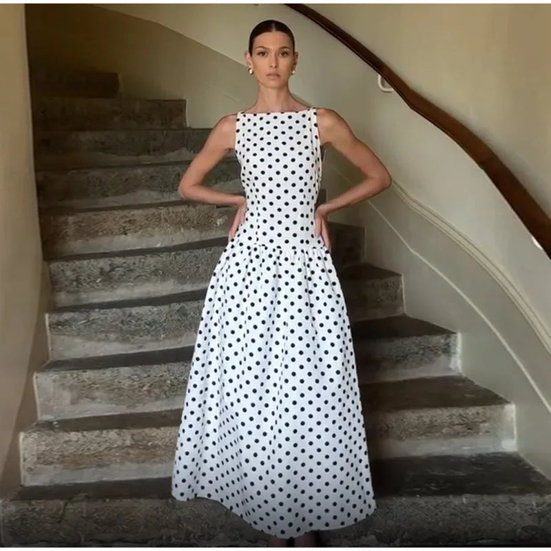 Elegant Women’s Polka Dot Maxi Dress – Chic Sleeveless Round Neck High Waist Slim Fit Vestido for Party & Street, 2025 New