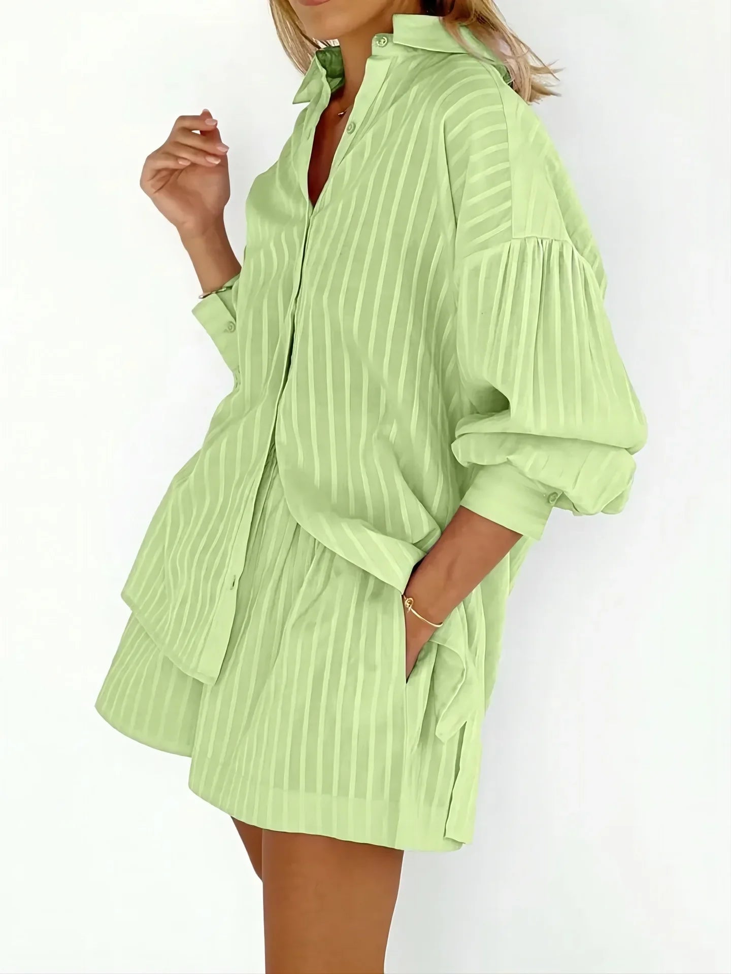 2024 Women’s Two-Piece Set – Solid Cotton Stripe Long Sleeve Shirt & Shorts, Spring/Summer Casual Outfit