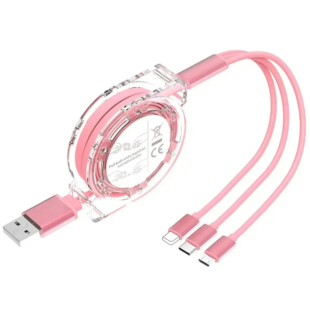3-in-1 Retractable USB Data Cable – Fast Charging for iPhone, Type-C & Micro USB, Compatible with Android, Xiaomi, Huawei, Samsung