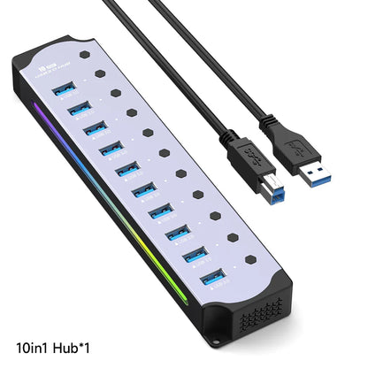 10-in-1 USB 3.0 Powered Hub — RGB E-Marker with Individual Switches & Heat Dissipation, DC 5V Adapter