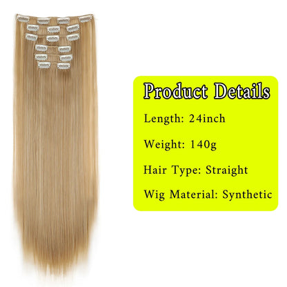 24-Inch 16 Clips-in Hair Extensions – Long Straight Synthetic Blonde & Black Hairpieces, Heat Resistant for Daily Use
