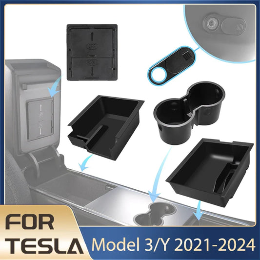 Tesla Model Y/3 Center Console Storage Box – Hidden Organizer Tray & Webcam Cover (2021–2024 Accessories)