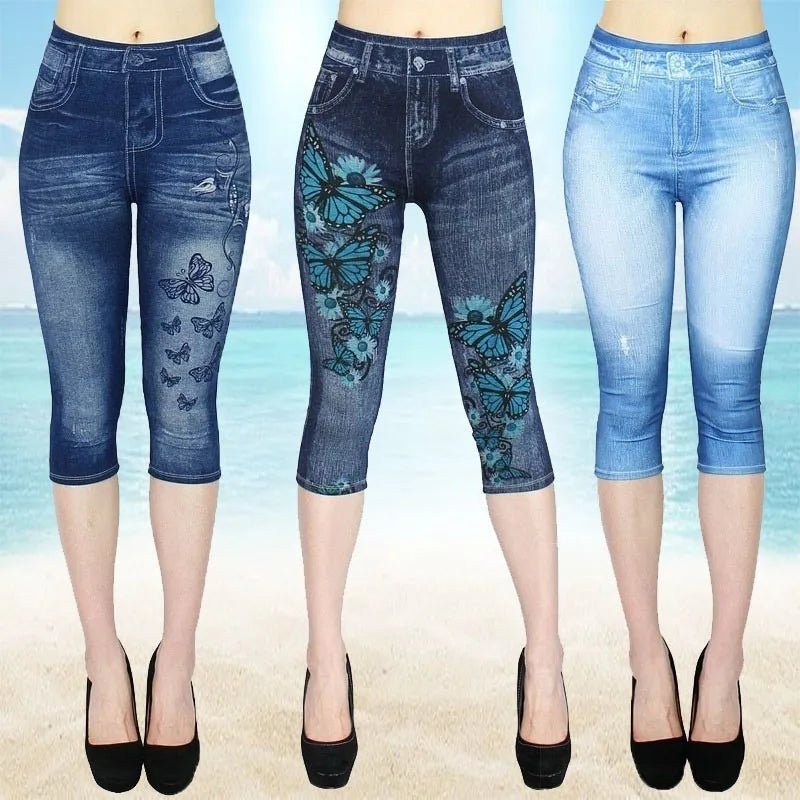 Women's Faux Denim Print Leggings - High-Waisted Stretch Cropped Pants for Casual & Outdoor Wear