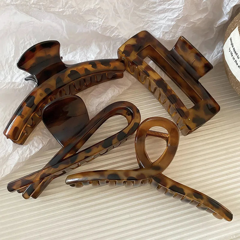 Leopard Print Acrylic Hair Grab Clip | Large Arc Cross Square Geometric Shark Clip for Women