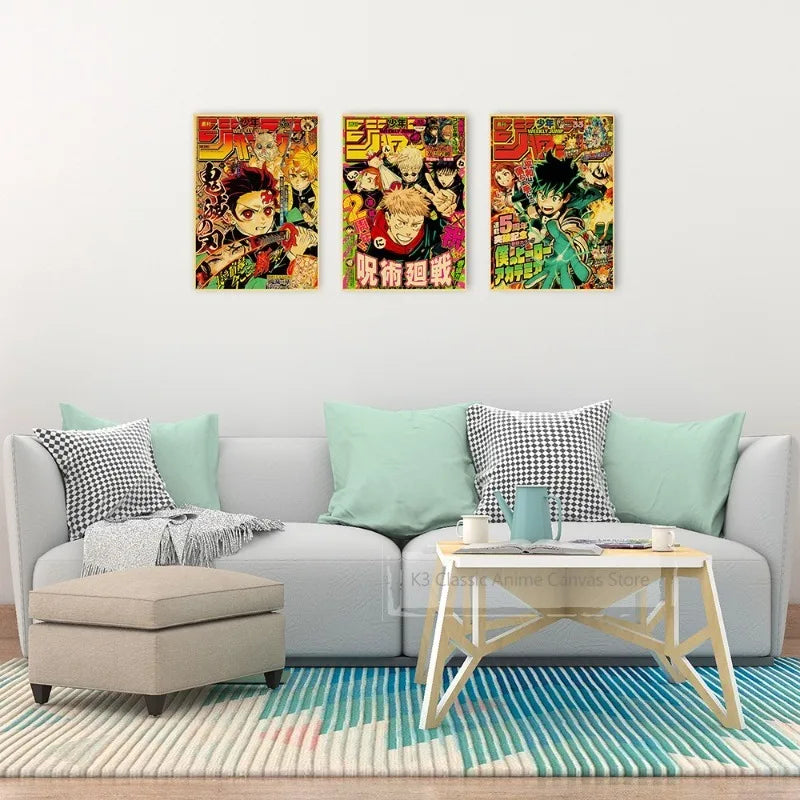 Vintage Anime Kraft Paper Poster Set – JoJo’s Bizarre Adventure, Jujutsu Kaisen & Demon Slayer Wall Art for Room Home Decor