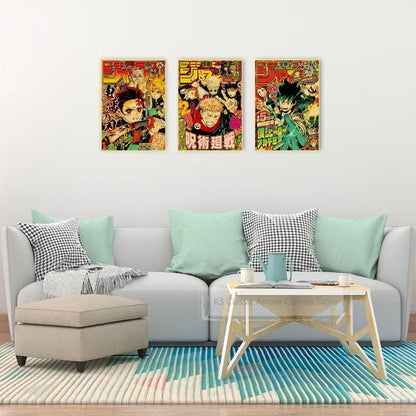 Vintage Anime Kraft Paper Poster Set – JoJo’s Bizarre Adventure, Jujutsu Kaisen & Demon Slayer Wall Art for Room Home Decor