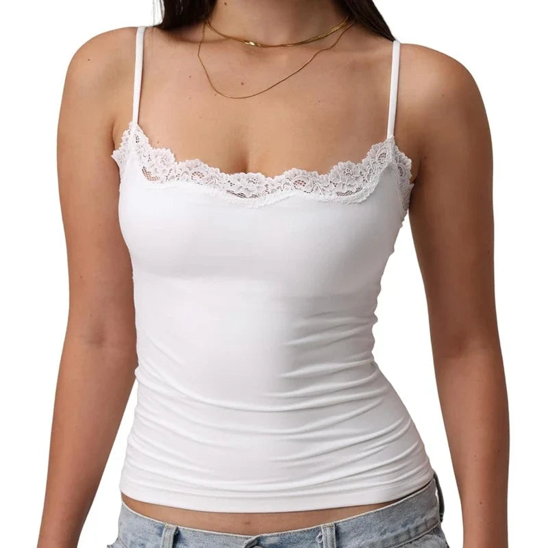 Fairy Coquette Lace Trim Slim Fit Women’s Y2K Crop Camisole Top – Summer Spaghetti Strap Sleeveless Solid Color Tank Vest