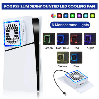 NEW Side-Mounted Cooling Fan for PS5 Slim – LED Light & 2 USB Ports Game Console Cooler Accessory