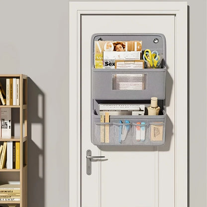 Gray Wall-Mounted Storage Organizer – Multi-Compartment Fabric Hanging Bag with Window & Hooks for Office or Closet
