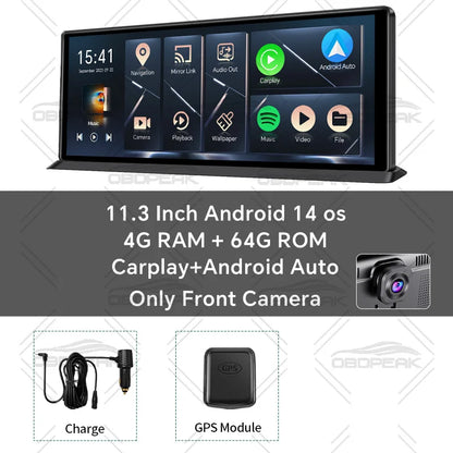 K60 Pro 11.3" Dash Cam — Android 14 AI Screen with 4G+64G, WiFi, GPS, CarPlay & Android Auto Rearview Mirror Recorder