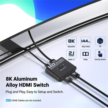 4K HDMI Bi-Directional Switch – 2 Port 8K 60Hz HDMI Splitter for Laptop, PC, Xbox, PS3/4/5, TV Box to Monitor Adapter