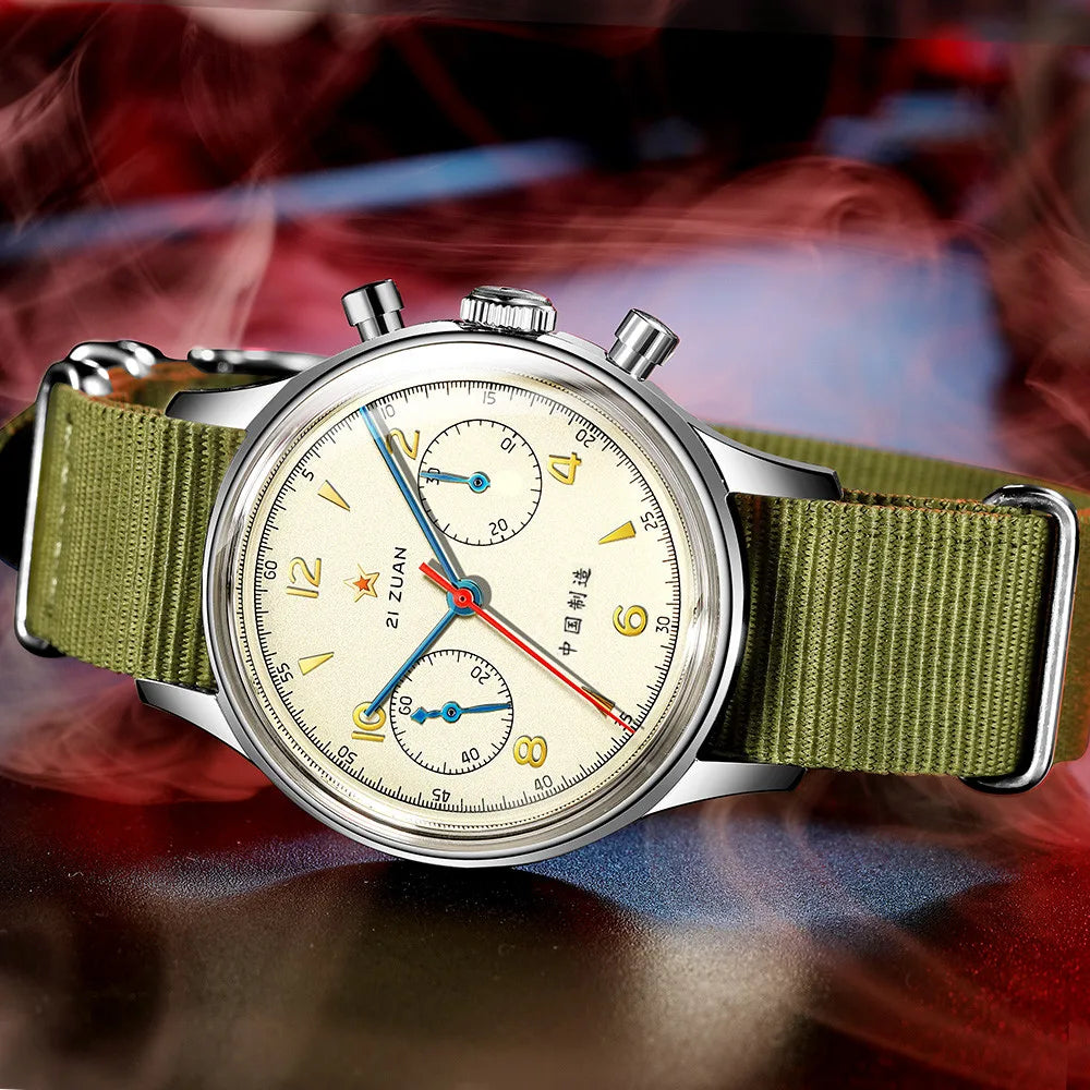 RED STAR 38mm Men's 1963 Chronograph Mechanical Watch – Pilot Air Force Aviation with Seagull ST1901 Movement & Sapphire Glass