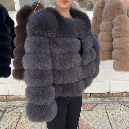 QUEENTINA Women’s Real Fox Fur Coat – Brown Leather & Skin Winter Fashion Outerwear 2025