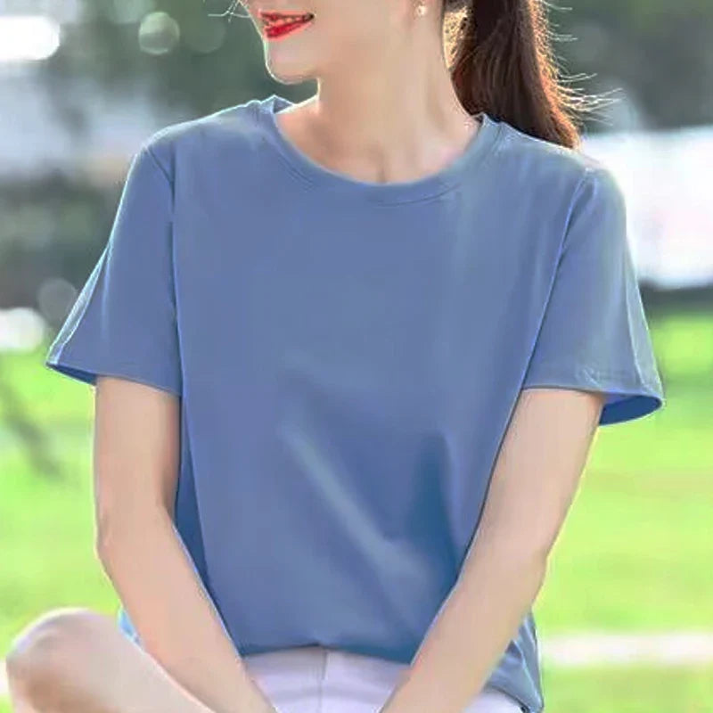 Women's 100% Cotton Crew Neck T-Shirt - Casual Regular-Fit Basic White Summer Tee