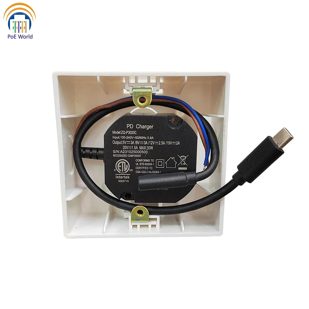 Flush Wall-Mounted USB-C Charger 30W – 240V AC to 5V/9V/12V/15V/20V Type-C Power Adapter for iPad & Tablets