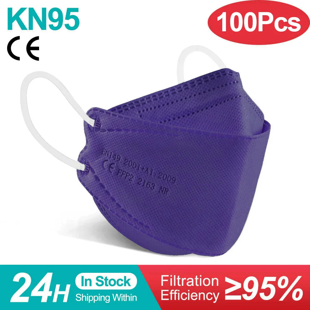 10-100PCS FFP2 Face Masks — CE Approved Disposable KN95 KF94 Black Fish Style Protective Masks