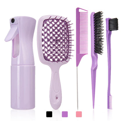 5PCS Comb Set – Detangling Hair Brush, Curly Hair Curved Rat Tail Comb, Edge Brush, Salon Tools for Curly Hair