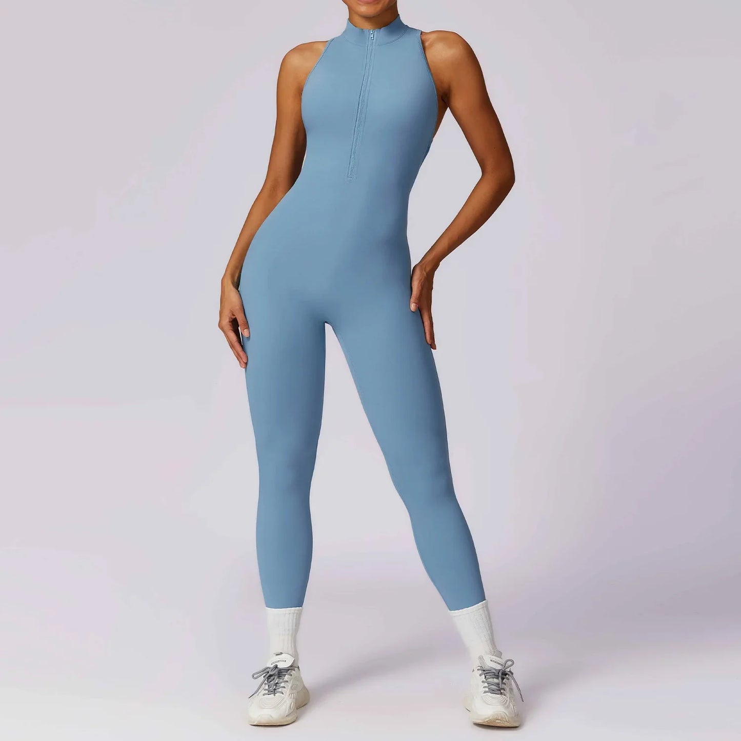 Women’s V-Back One-Piece Sports Jumpsuit — Sleeveless Yoga Romper with Zipper Workout Bodysuit