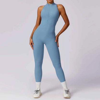 Women’s V-Back One-Piece Sports Jumpsuit — Sleeveless Yoga Romper with Zipper Workout Bodysuit