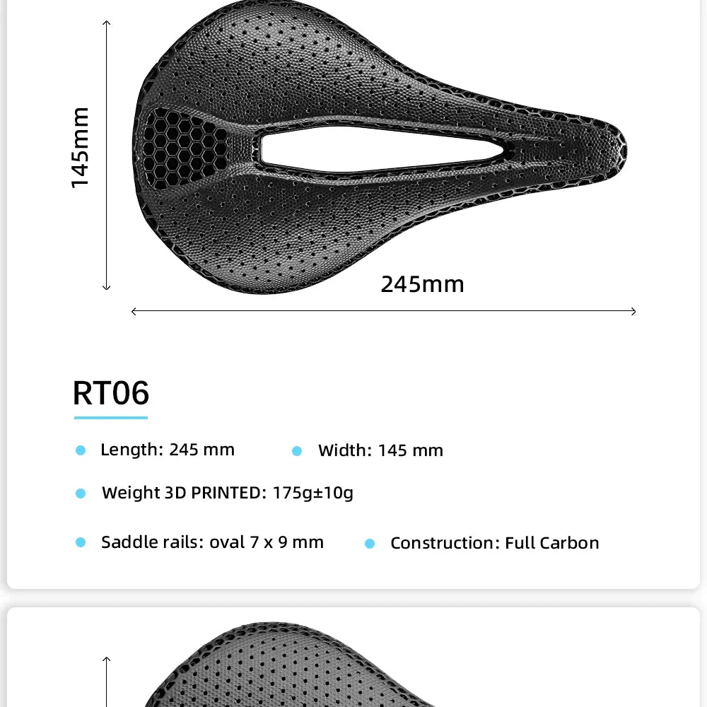 RYET Ultra Full Carbon 3D Printed Bike Saddle — 145mm Lightweight MTB Seat with High Modulus Carbon Fiber Base