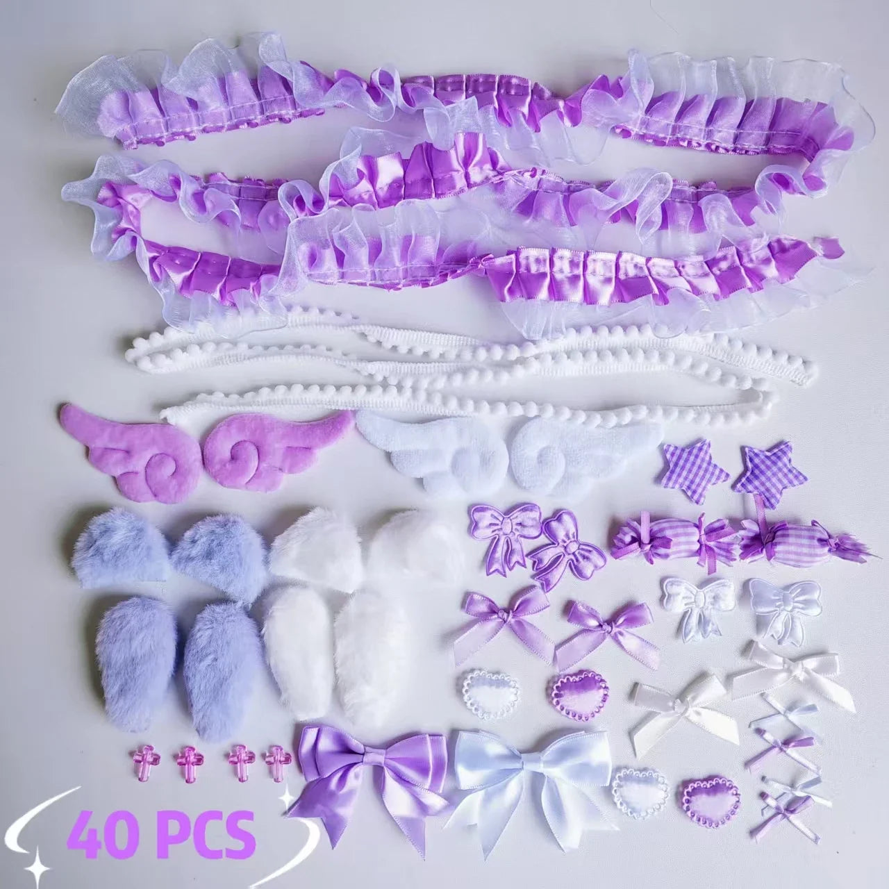 40Pcs Lace Handmade Craft Kit - Plush Bunny Ears Angel Wings Heart Star Clothing Accessories Set