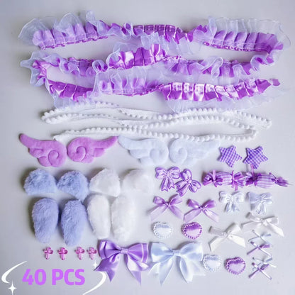 40Pcs Lace Handmade Craft Kit - Plush Bunny Ears Angel Wings Heart Star Clothing Accessories Set