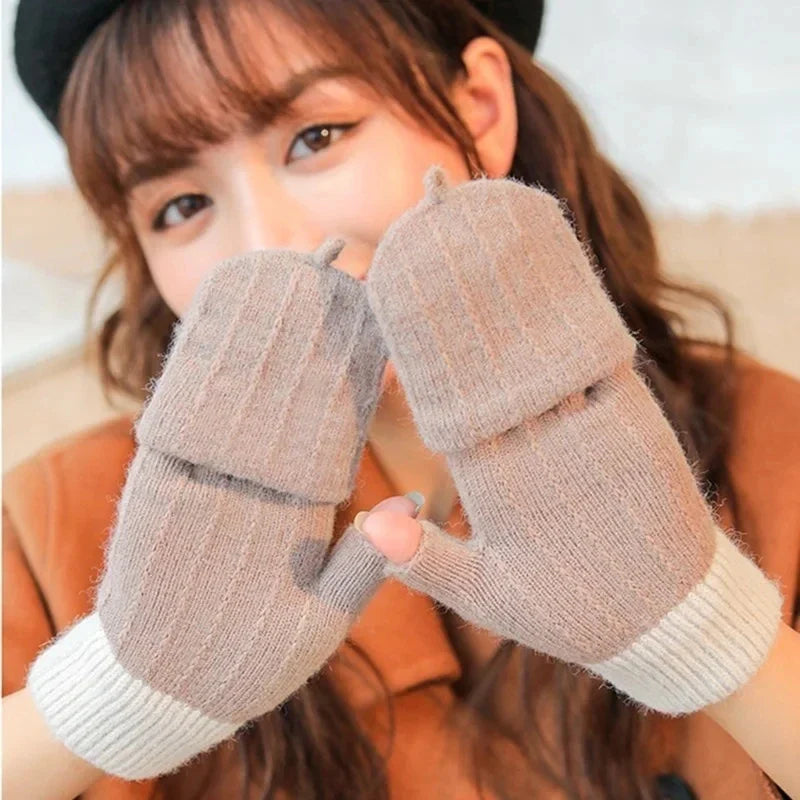 Knitted Fingerless Gloves for Men and Women - Autumn and Winter Windproof Woolen Gloves with Flip Cover for Outdoor Warmth