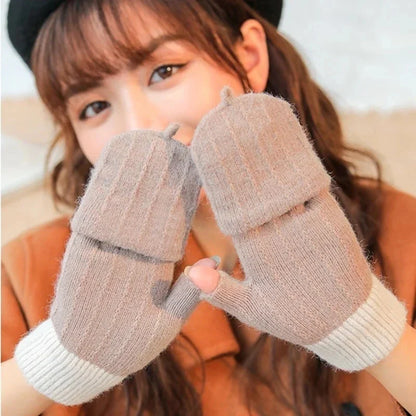 Knitted Fingerless Gloves for Men and Women - Autumn and Winter Windproof Woolen Gloves with Flip Cover for Outdoor Warmth