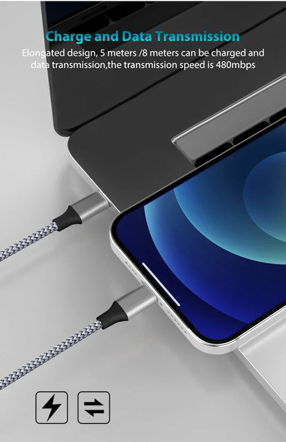 Type-C to Type-C PD 60W Fast Charging & Data Cable — 3M/5M/8M/10M Extension for iPhone 15 Pro Max, Huawei, Xiaomi, Samsung