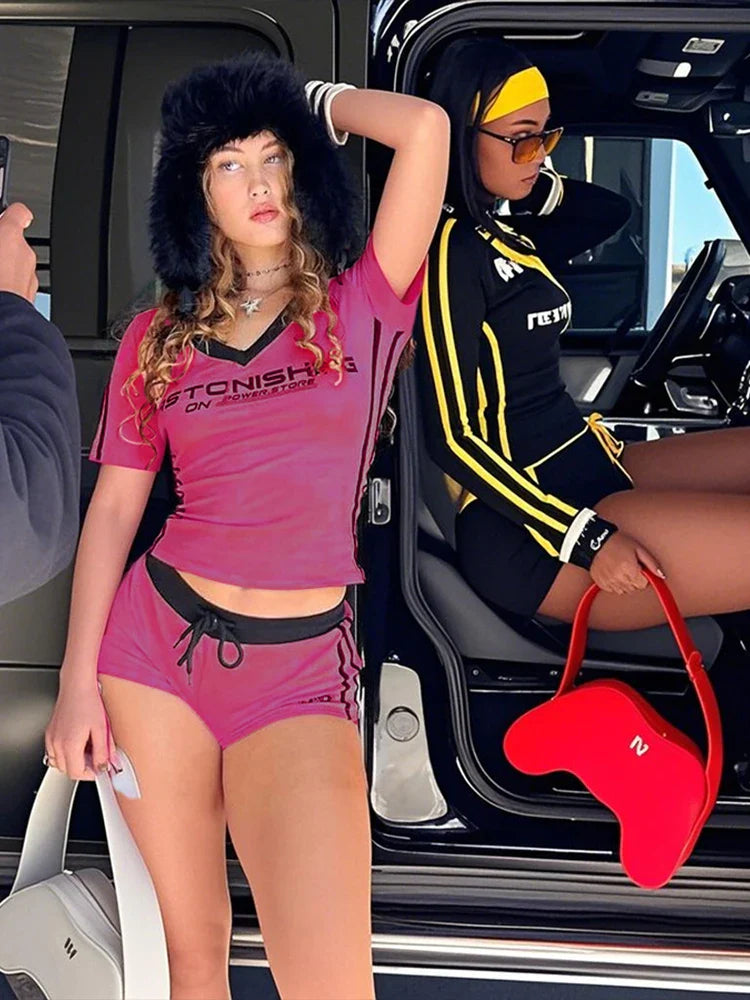 Sisterlinda Summer 2-Piece Set – Women's Letter Print T-Shirt & Drawstring Mini Skirt Tracksuit