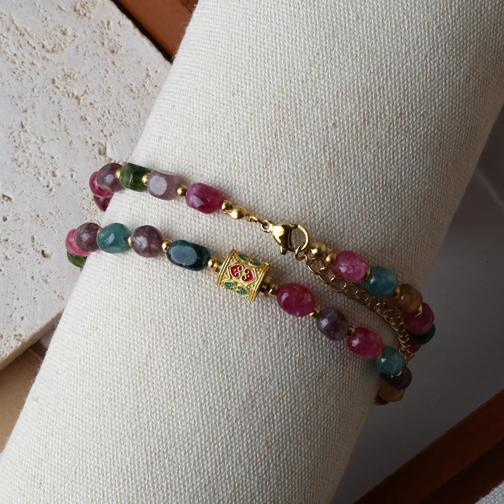 Bohemian Natural Tourmaline Beaded Necklace – Handmade with Stainless Steel Tibetan Pendant, Party Jewelry Gift