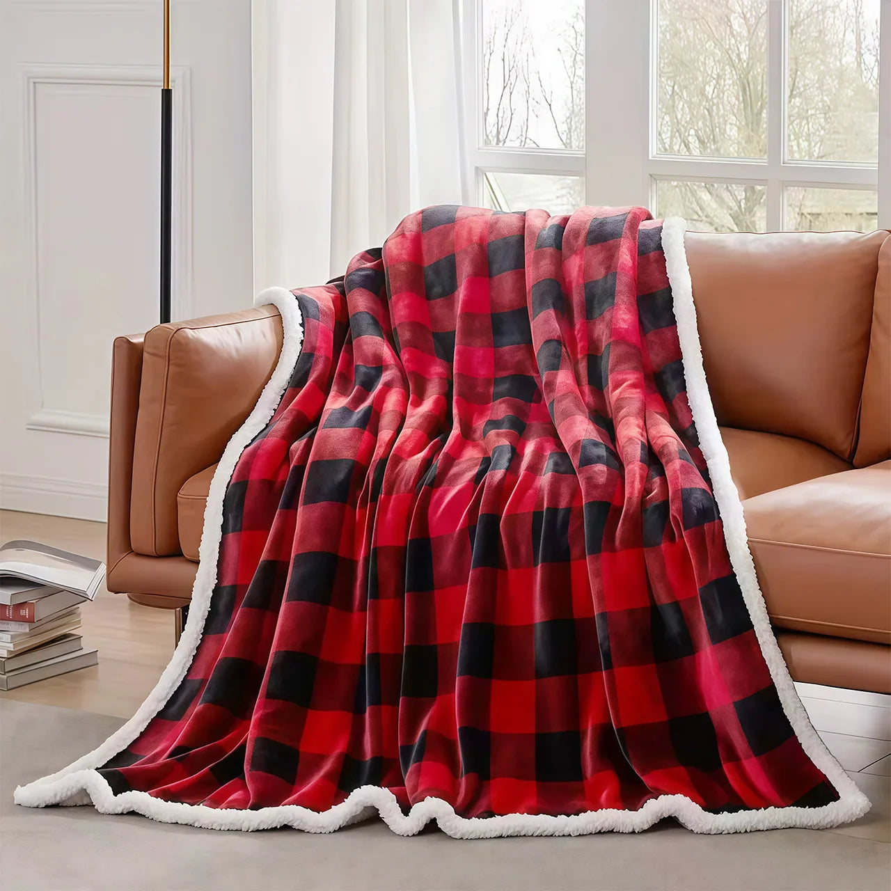 Cozy Sherpa Fleece Buffalo Plaid Blanket – Soft Warm 4lb Throw for Sofa, Bed & Outdoor, All-Season, Machine Washable