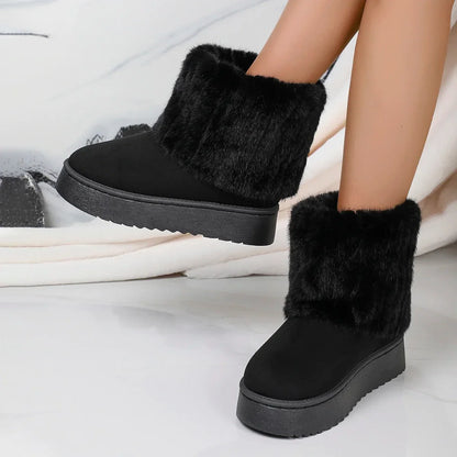 Women’s Winter Mid-Calf Boots – Round Toe Plush Lined, Thick Sole, Anti-Slip Casual Snow Boots in Beige