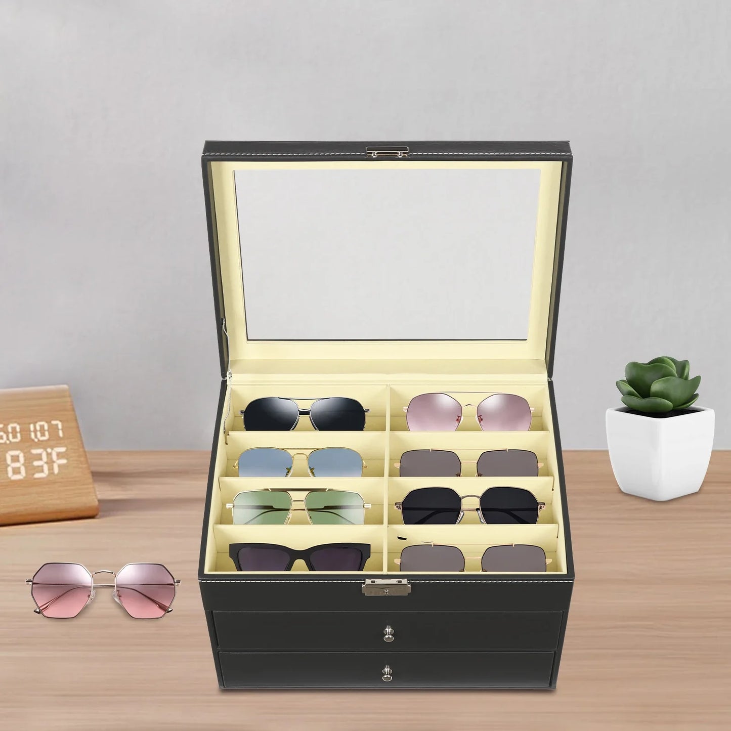 3-Layer Leather Glasses Organizer with Drawer – 24 Slot Sunglasses Display & Storage Case Rust-Resistant