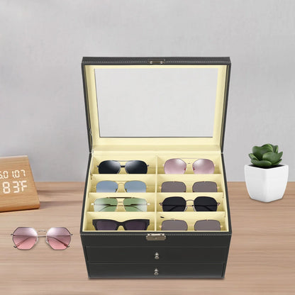 3-Layer Leather Glasses Organizer with Drawer – 24 Slot Sunglasses Display & Storage Case Rust-Resistant