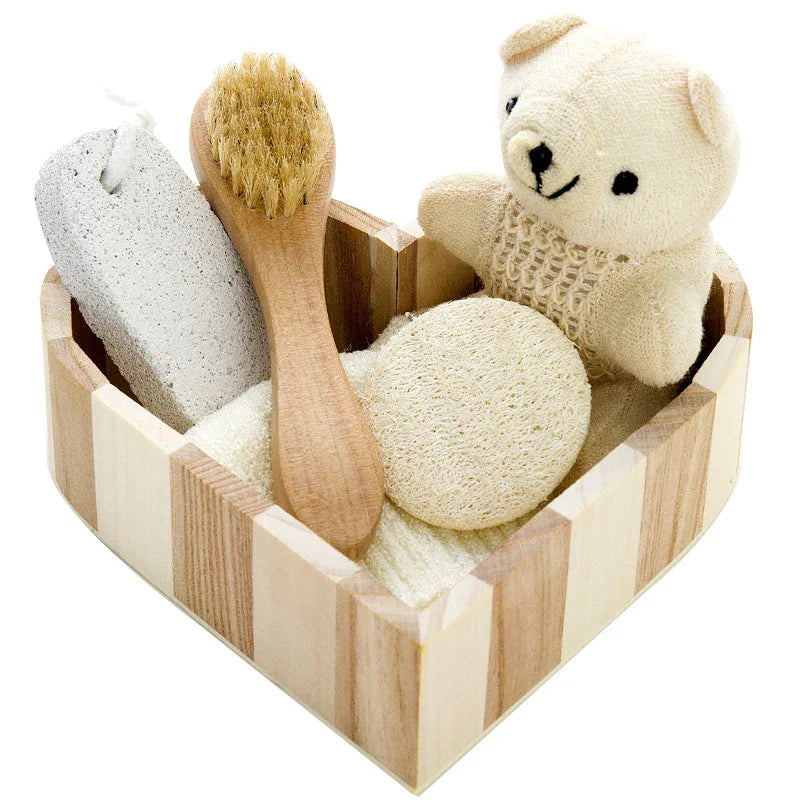 Spa Heart-Shaped Gift Box – Bathing Skin Cleaning Kit for Women with Sisal Bath Flower, Back Scrubber Gloves & Massager