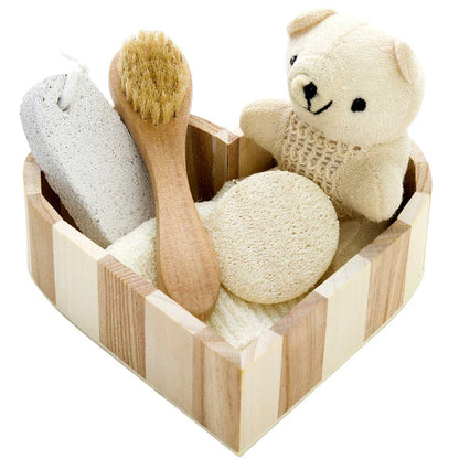 Spa Heart-Shaped Gift Box – Bathing Skin Cleaning Kit for Women with Sisal Bath Flower, Back Scrubber Gloves & Massager