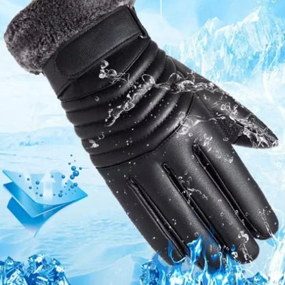 Men's Winter Fur Lined Gloves - Warm Insulated PU Touch Screen Gloves for Cycling, Motorcycle and Outdoor Use